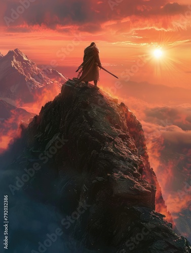 Knight standing atop a cliff during sunset - A stunning scene depicting a medieval knight overlooking a sea of clouds at sunset, evoking tales of old and heroism