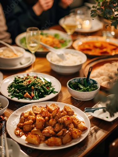 Close-up of a Chinese banquet table - A vibrant traditional Chinese banquet table close-up showcasing a variety of dishes, emphasizing the spicy and savory flavors