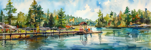 A traditional painting depicting a lake with a wooden dock extending into the water under a blue sky