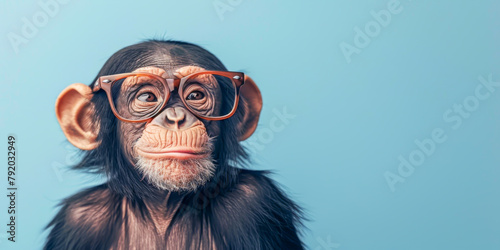 A baby monkey wearing glasses and smiling. Concept of innocence and curiosity. The monkey's big eyes and the glasses give it a cute and endearing appearance