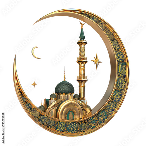 Copy space of a golden 3D crescent moon isolated on transparent, alpha, background, Eid ul adha, Eid al adha