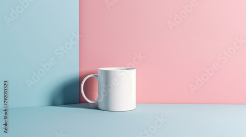 Mug mockup background, white mug on pink and blue background, blank liquid tea hot drink food