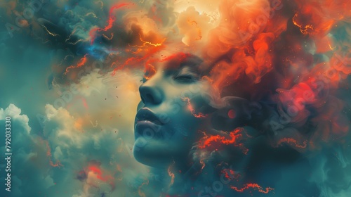 Memory concept, woman's face with smoke and fire, beauty cloud sky dark mystery