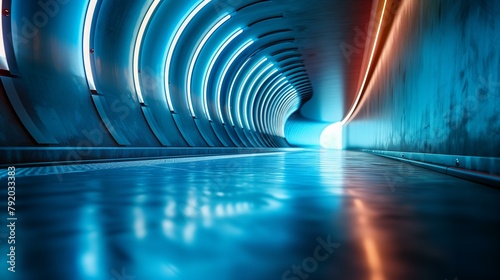 Futuristic blue tunnel with blue and red lights, built structure ceiling subway station illuminated diminishing perspective photo