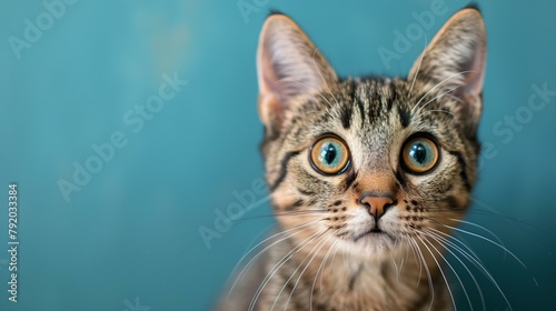 Funny cat with big eyes, portrait small striped fluffy yellow © antkevyv