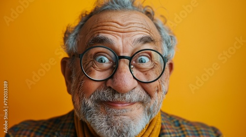 Funny happy old man with glasses and beard on orange background, eyeglasses senior men mustache happiness retirement