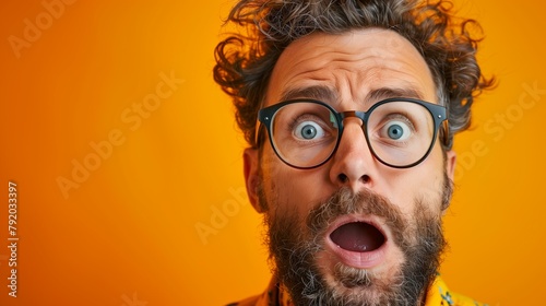 Funny man with glasses and beard on orange background, fun mustache eyeglasses lifestyle making a face photo