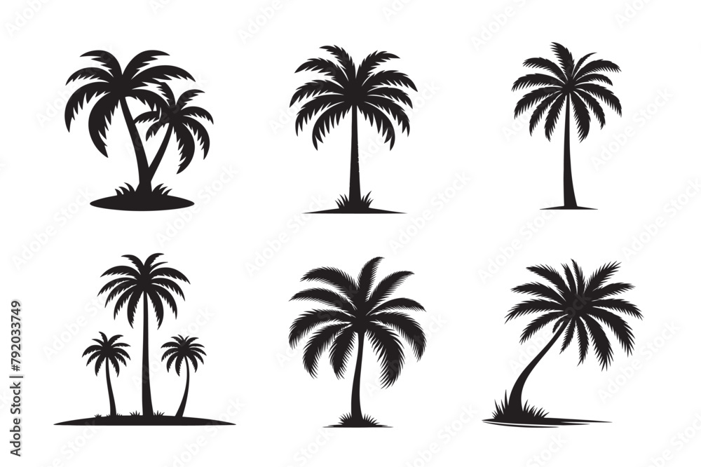 Palm Tree Silhouette Black And White Vector Art Illustration Set
