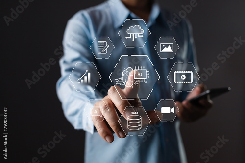 Man touch icon ai and use smartphone, Marketers education, research, analyze media video streaming content creation and online marketing strategies to grow their digital business.