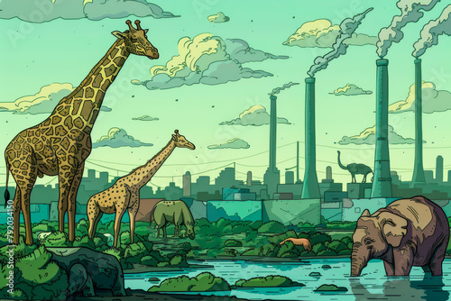 A cartoon showing animals dealing with pollution  highlighting the environmental challenges they face.