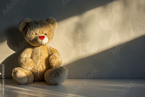 A cuddly teddy bear casting a surprisingly large and fierce shadow, but with a heart-shaped nose. photo