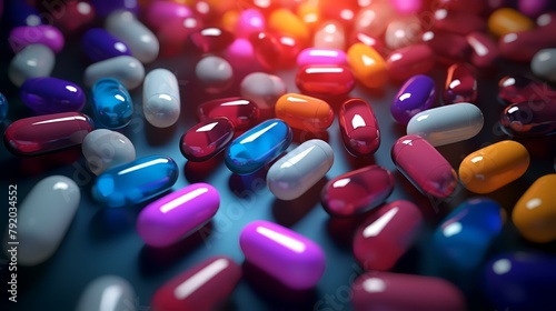 Colorful pills on a dark background. 3d rendering, 3d illustration.