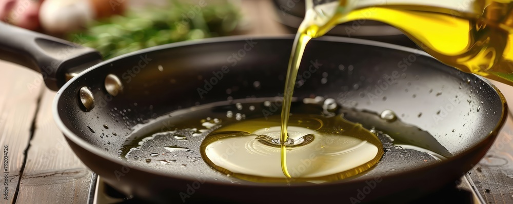 golden olive oil being poured into a black non-stick frying pan, symbolizing cooking and food preparation.