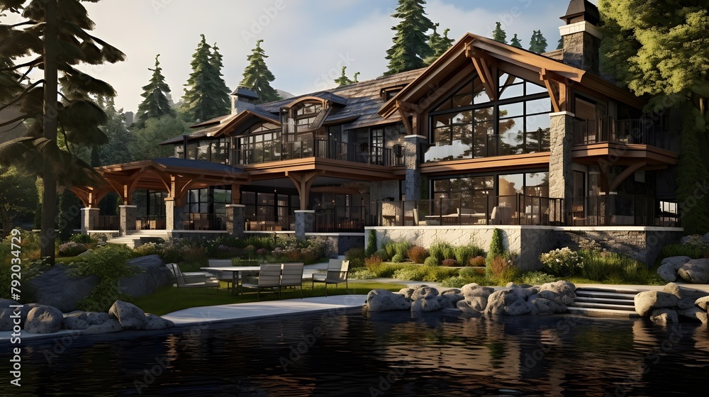 3d rendering of modern cozy chalet with pool and parking for sale or rent. Massive timber beams columns. Cool sunny summer day with blue sky. For sale or rent.