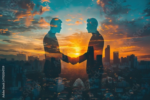 Silhouettes of two businessmen shaking hands in abstract city with double exposure of blurry digital chart. Concept of partnership and stock market. Toned image. AI generated illustration