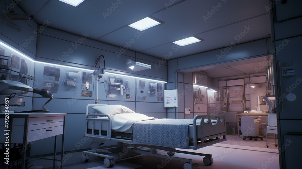 3d rendering of a hospital room with bed in the foreground. 3d rendering of a hospital room with bed in the foreground.
