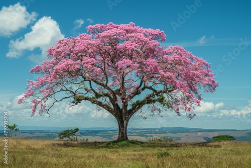 Witness the enchanting beauty of a majestic pink Ipê tree in full bloom, as its soft pink flowers gracefully contrast with deep green leaves under the serene azure sky photo