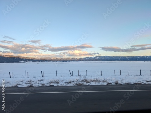 Sunset over snow field