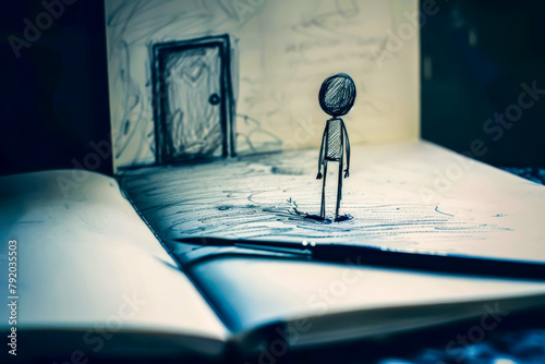 A stick figure paints a door on the page, opens it, and steps through, only to reappear from the top of the page photo