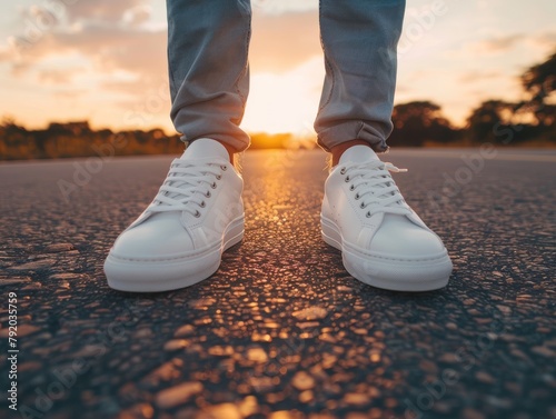 Closeup person legs in white shoes and jeans pant on asphalt road at sunset