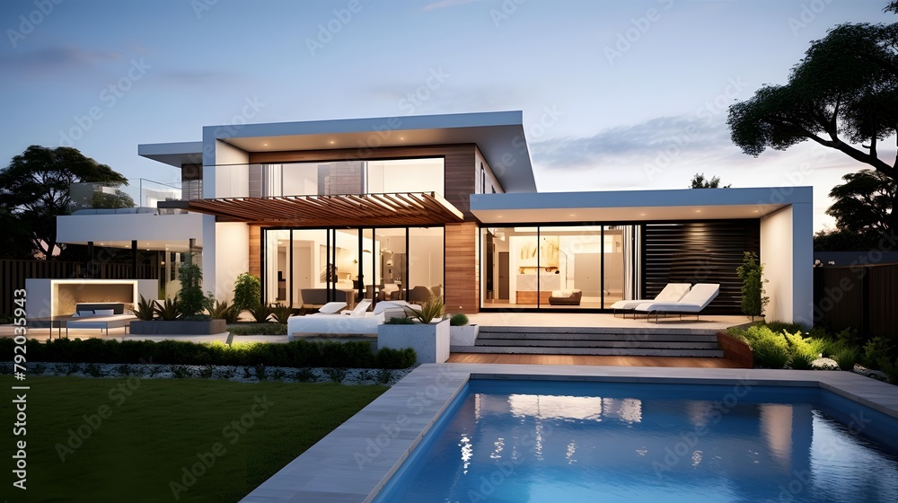 3d rendering of modern cozy house with pool and parking for sale or rent