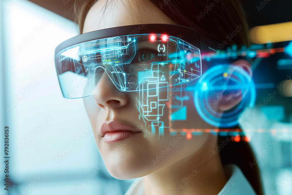 Woman Engaged with Holographic Interface in Augmented Reality Experience