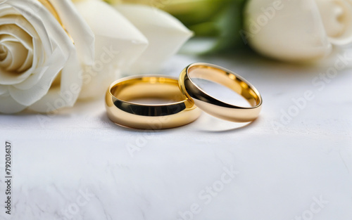 gold wedding rings on a background of white roses