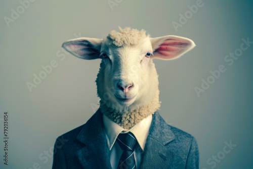 A sheep wearing a suit and tie is the main subject of the image. The sheep's face is shown, and it is wearing a suit and tie, giving it a professional and formal appearance