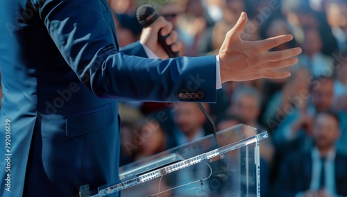 Close up of a man in a blue suit giving a speech at a business conference or town hall, with people blurred in the background Generative AI