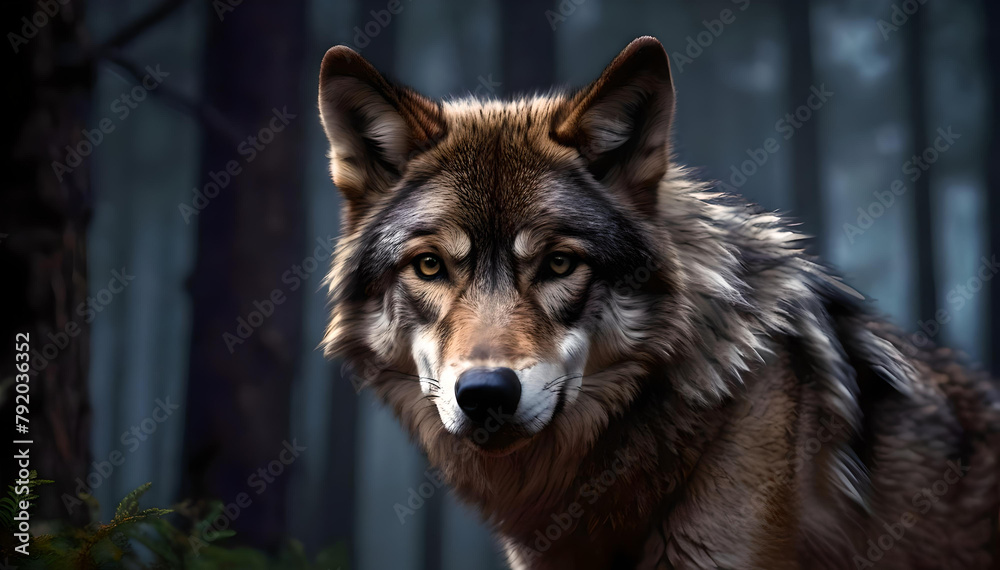 Brown wolf portrait in the woods