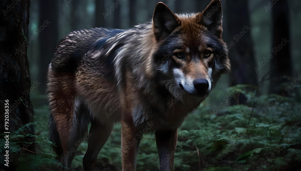 Brown wolf portrait in the woods Brown wolf portrait in the woods