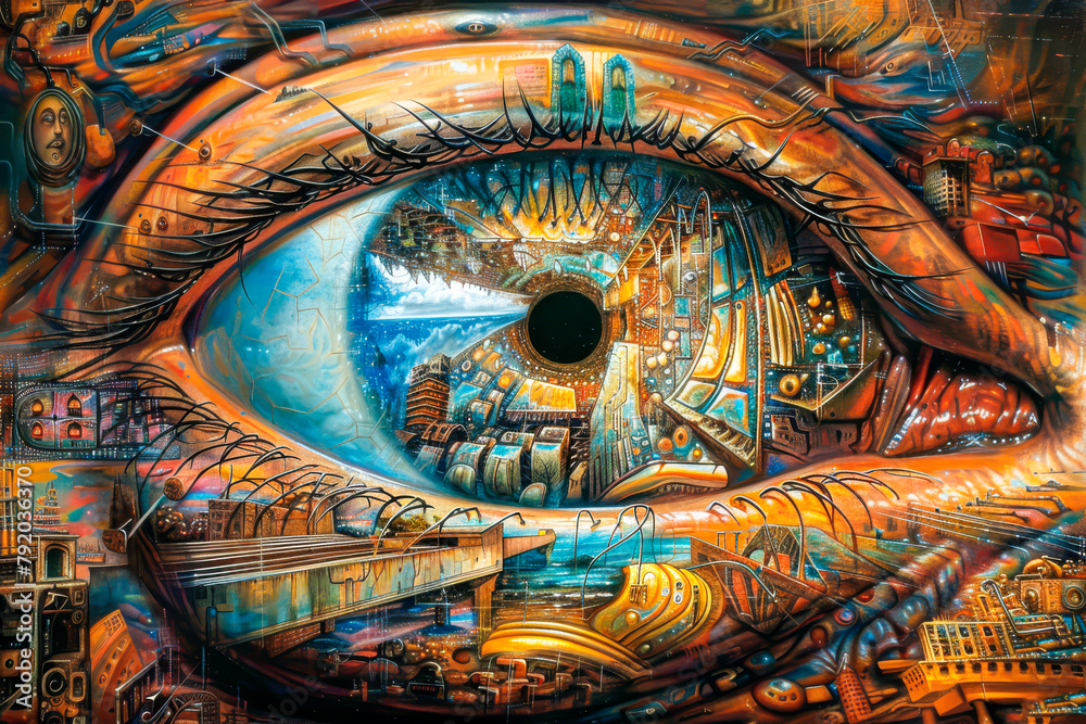 A painting of an eye with a cityscape in the background. The eye is surrounded by a cityscape with buildings, a bridge, and a river. The painting has a dreamy, surreal quality to it