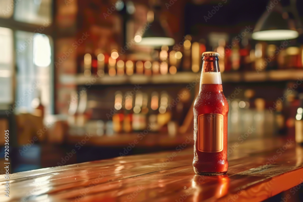 A bottle of beer sits on a wooden bar counter. The bottle is half full and has a label on it. The bar is dimly lit, giving it a cozy atmosphere