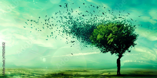 A tree with a person standing in front of it. The tree is surrounded by a lot of birds flying around it