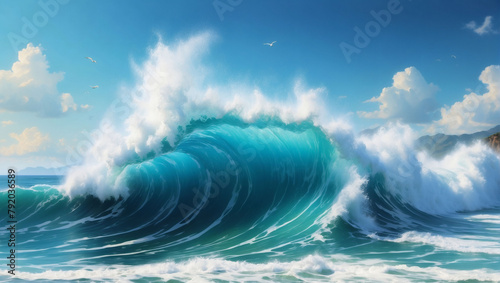 Illustration of powerful ocean waves crashing against a vibrant blue sea.