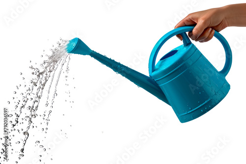 A blue plastic watering can in hand isolated on a white or transparent background. Close-up of the watering can in hand, watering plants, flowers, and seedlings, side view. Graphic design element.