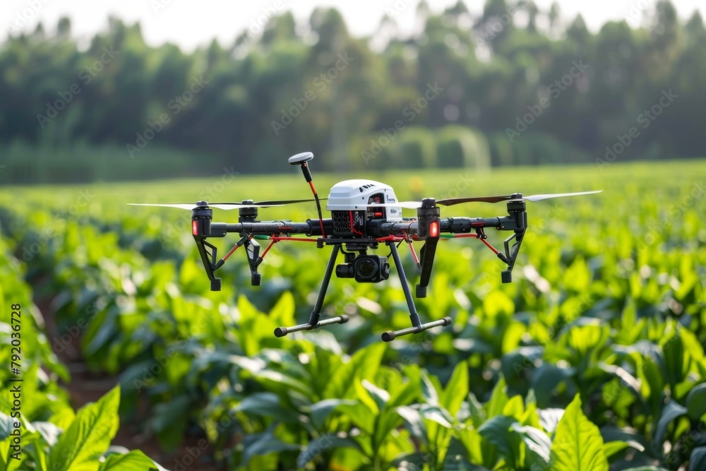 Drone hovering above a terrain filled with vegetation and crops