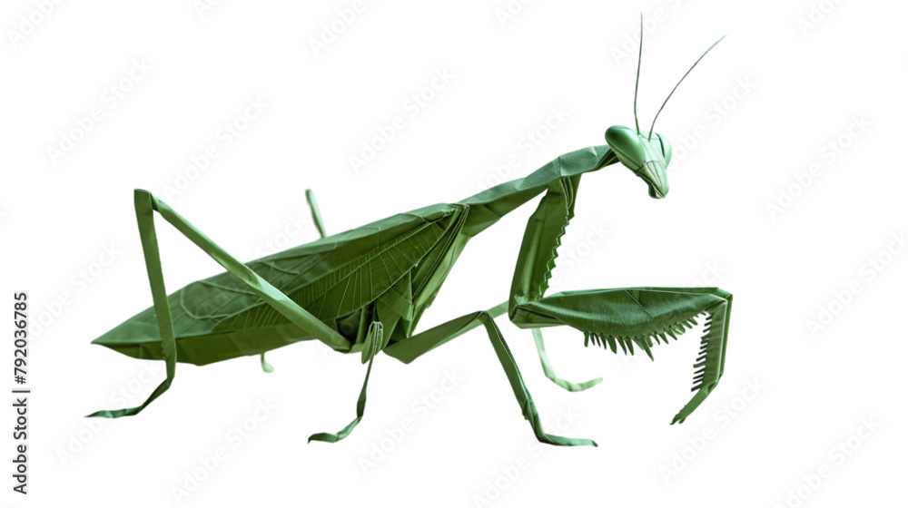 A minimalist paper art of a green origami mantis, transparent background, PNG Cutout A minimalist paper art of a green origami mantis, transparent background, PNG Cutout