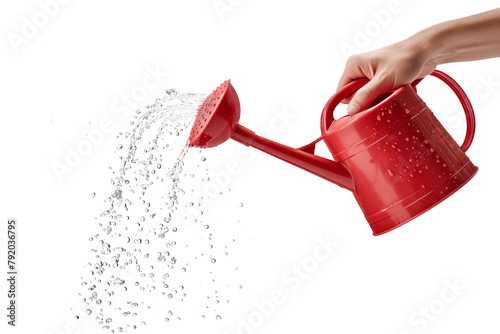 A red plastic watering can in hand isolated on a white or transparent background. Close-up of the watering can in hand, watering plants, flowers, and seedlings, side view. Graphic design element