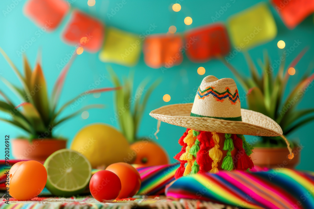 A colorful Mexican themed table with a hat on top of a bowl of fruit. The hat is decorated with colorful ribbons and the table is set with a variety of fruits and vegetables