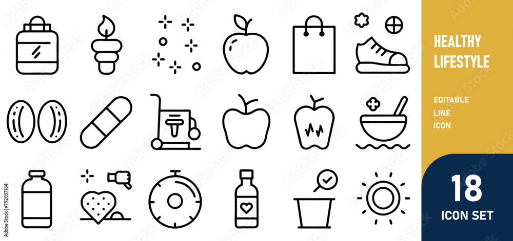 Healthy Lifestyle Line Editable Icons set. Vector illustration of modern thin line style icons of the components of a healthy lifestyle the mode of work and rest, physical activity, and a diet Healthy Lifestyle Line Editable Icons set. Vector illustration of modern thin line style icons of the components of a healthy lifestyle the mode of work and rest, physical activity, and a diet