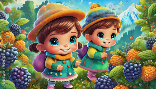 oil painting style CARTOON CHARACTER CUTE BABY Children Exploring a fruits Patch on a Chilly Autumn Day © stefanelo