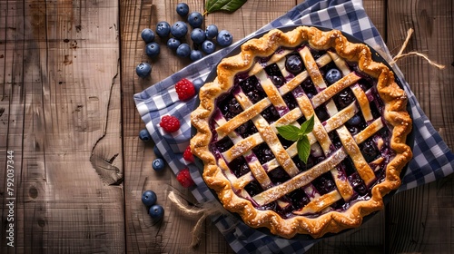 Blueberry pie and berries on rustic wooden table  photo