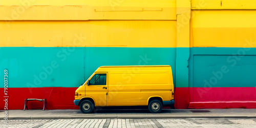 A yellow van is parked in front of a colorful wall photo