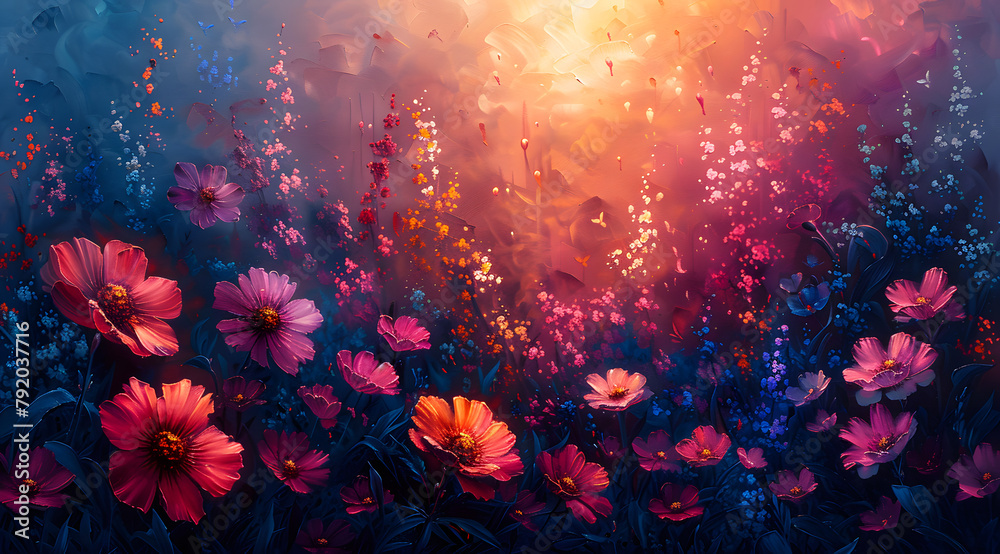 Garden of Enchantment: Oil Painting Depicting a Serene Realm Illuminated by Floral and Butterfly Glow