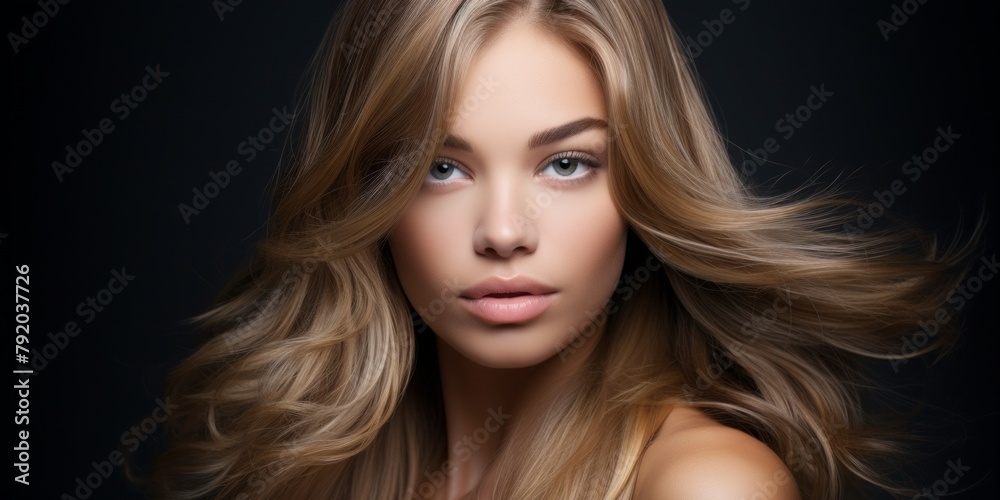 Beautiful laughing model girl with long curly hair. Studio shot. Beauty saloon. Selective focus. Generative AI. Beautiful laughing model girl with long curly hair. Studio shot. Beauty saloon. Selective focus. Generative AI.