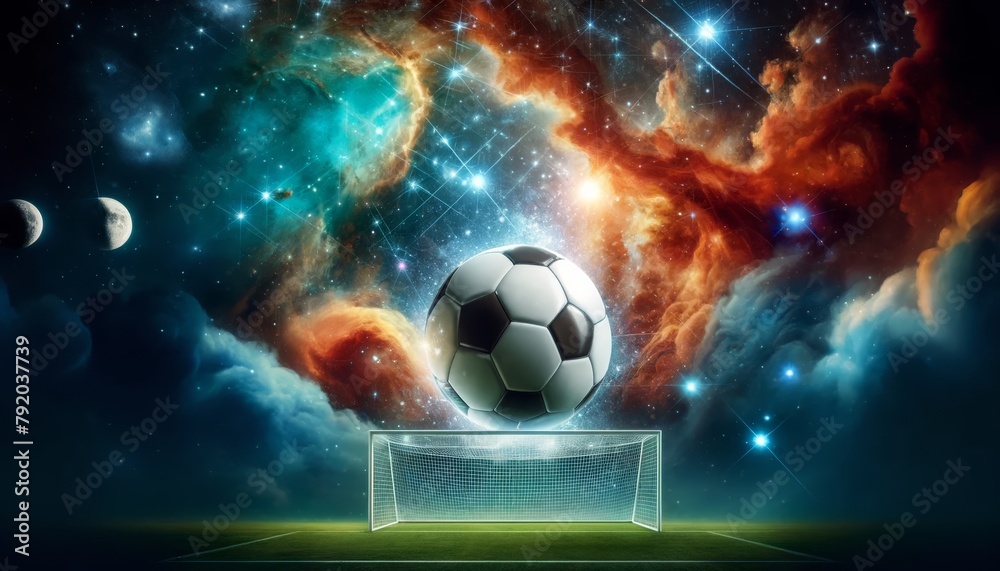 Soccer ball flew into the goal. Soccer ball bends the net, against the background of flashes of light. Soccer ball in goal net on blue background. A moment of delight. 3D illustration