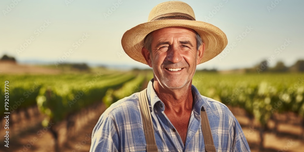 Senior farmers in  straw hat working in vineyard. Posing. Generative AI.