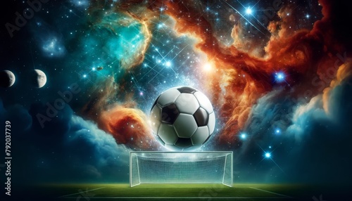Soccer ball flew into the goal. Soccer ball bends the net  against the background of flashes of light. Soccer ball in goal net on blue background. A moment of delight. 3D illustration