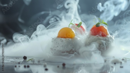 Colorful desserts in smoke on a dark background, close-up photo